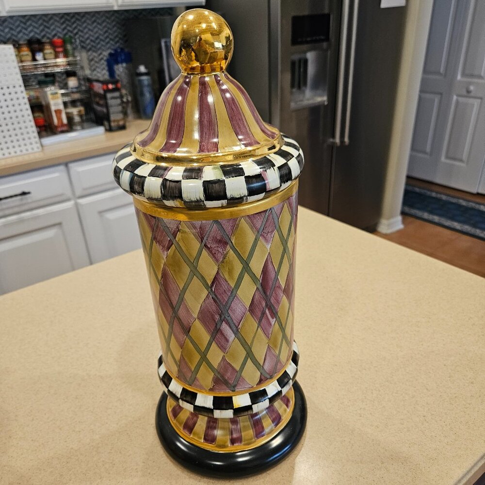 RARE MACKENZIE CHILDS ARGYLE PLAID AURORA CERAMIC COLUMN STORAGE CANISTER JAR